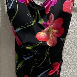 Studio Works One Piece Swimsuit Black with Pink and Coral Floral Design